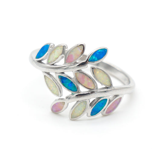 925 Silver Opal Maile Leaves Ring, Opal Ring, 925 Sterling Silver Jewelry, Maile Leaves Ring
