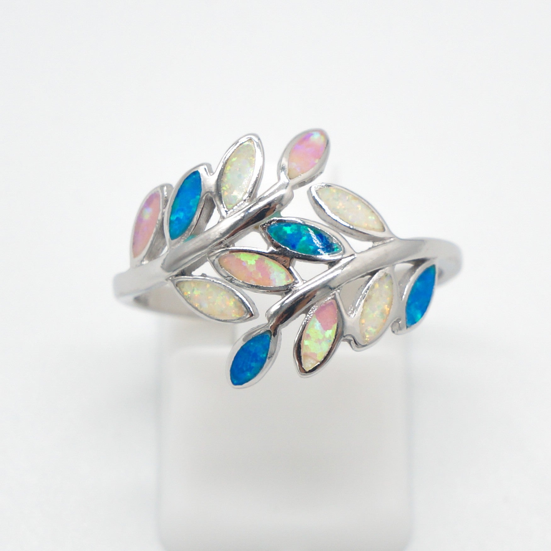 925 Silver Opal Maile Leaves Ring, Opal Ring, 925 Sterling Silver Jewelry, Maile Leaves Ring