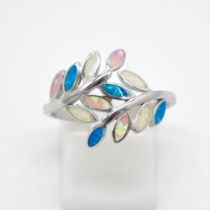 925 Silver Opal Maile Leaves Ring, Opal Ring, 925 Sterling Silver Jewelry, Maile Leaves Ring