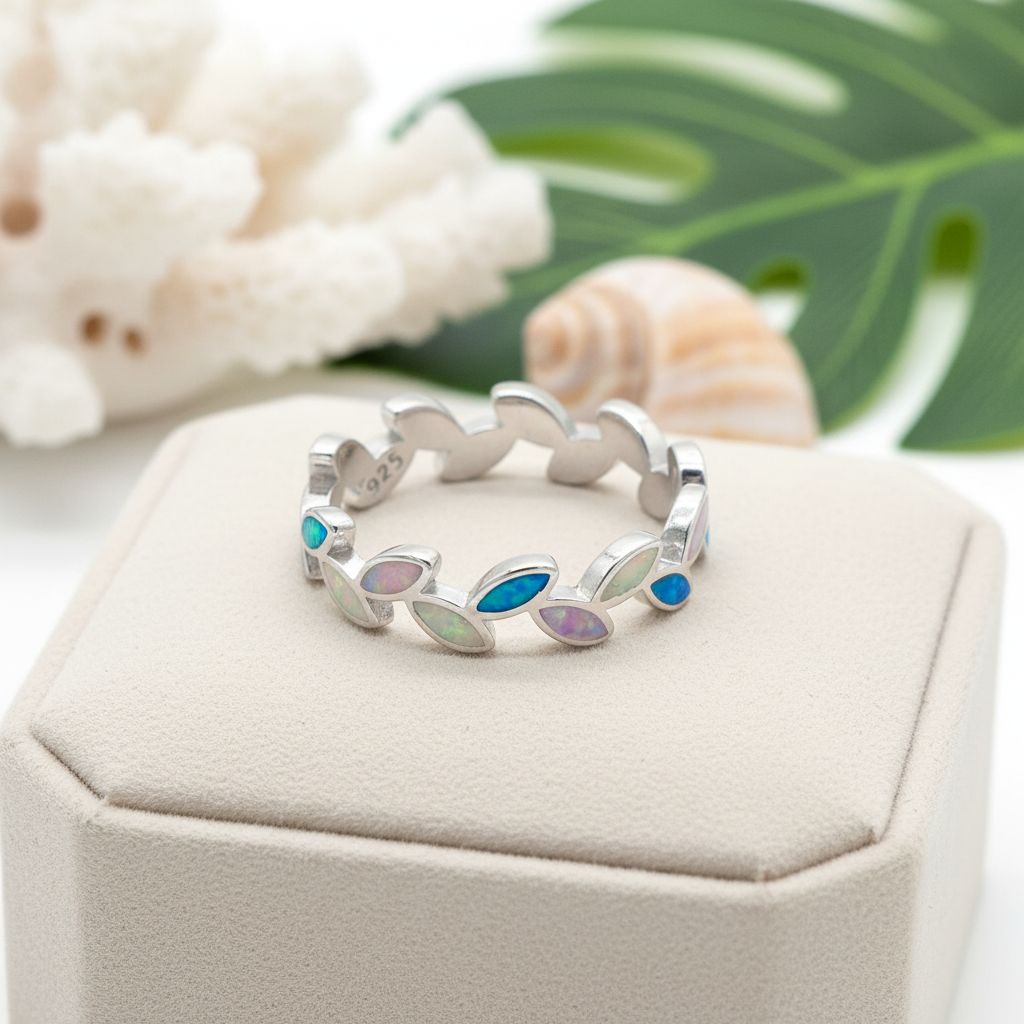Hawaiian Maile Leaf Inlay Opal Stone Band Ring - 925 Sterling Silver