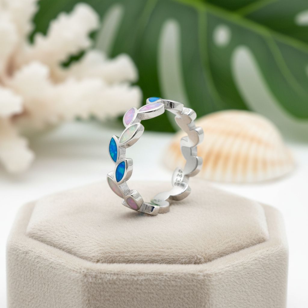 Hawaiian Maile Leaf Inlay Opal Stone Band Ring - 925 Sterling Silver