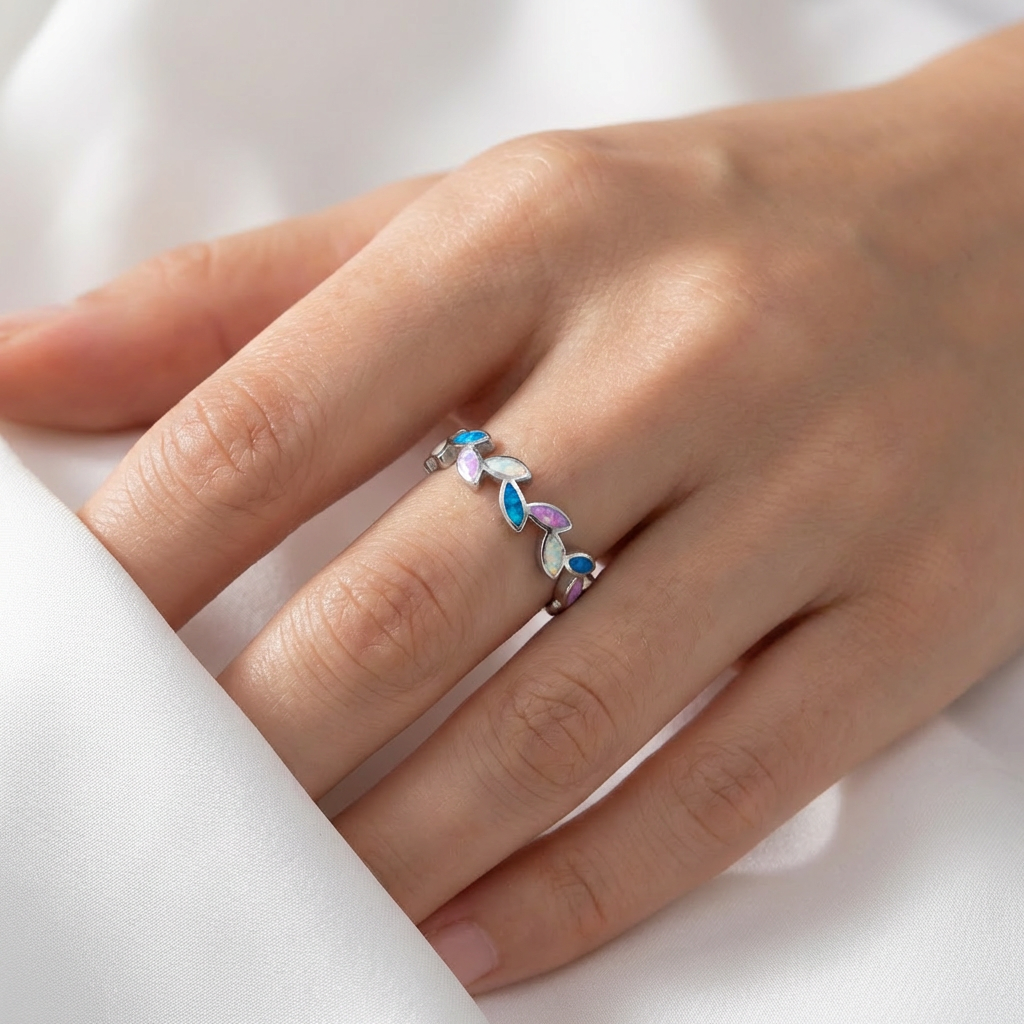 Hawaiian Maile Leaf Inlay Opal Stone Band Ring - 925 Sterling Silver