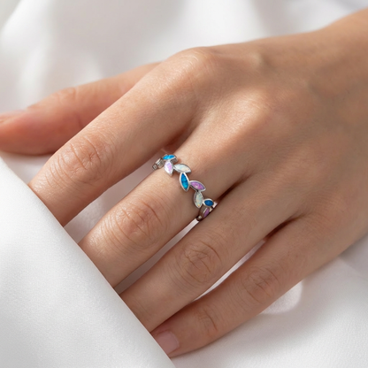 Hawaiian Maile Leaf Inlay Opal Stone Band Ring - 925 Sterling Silver