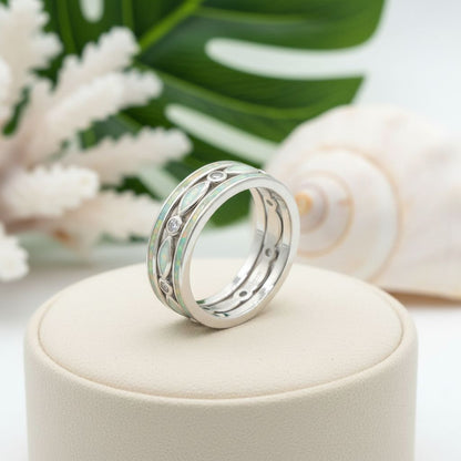 Tidal Marquise & Inlay Opal Stone 3-Ring Set - 925 Sterling Silver