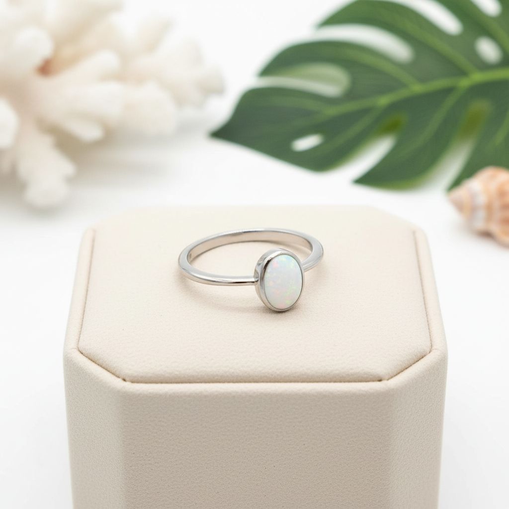 925 Sterling Silver Opal Stone Round Cabochon Inlay Bezel Band Ring