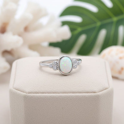 Oval Cabochon Bezel Halo CZ Opal Stone Band Ring - 925 Sterling Silver