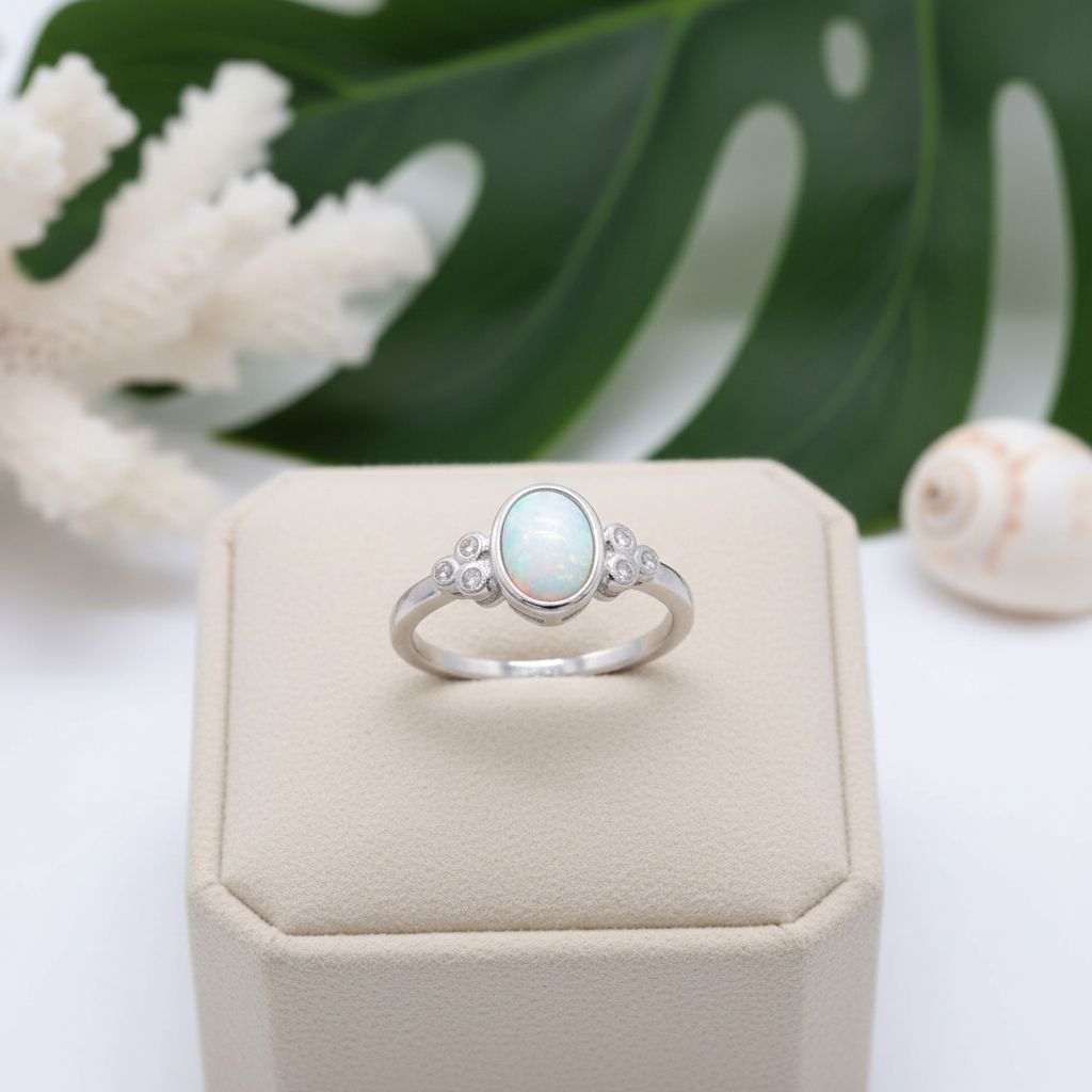 Oval Cabochon Bezel Halo CZ Opal Stone Band Ring - 925 Sterling Silver