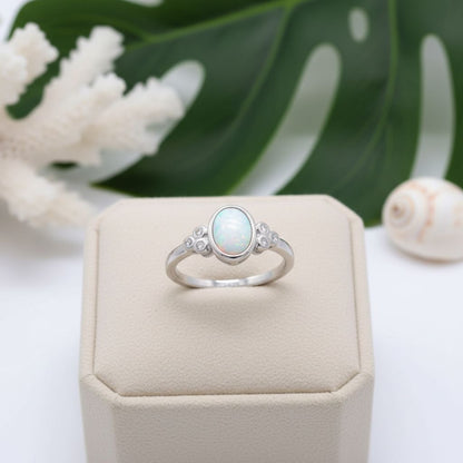 Oval Cabochon Bezel Halo CZ Opal Stone Band Ring - 925 Sterling Silver