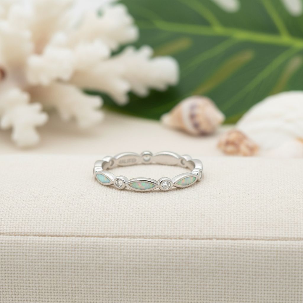 925 Sterling Silver Opal Stone Marquise CZ Eternity Band Ring