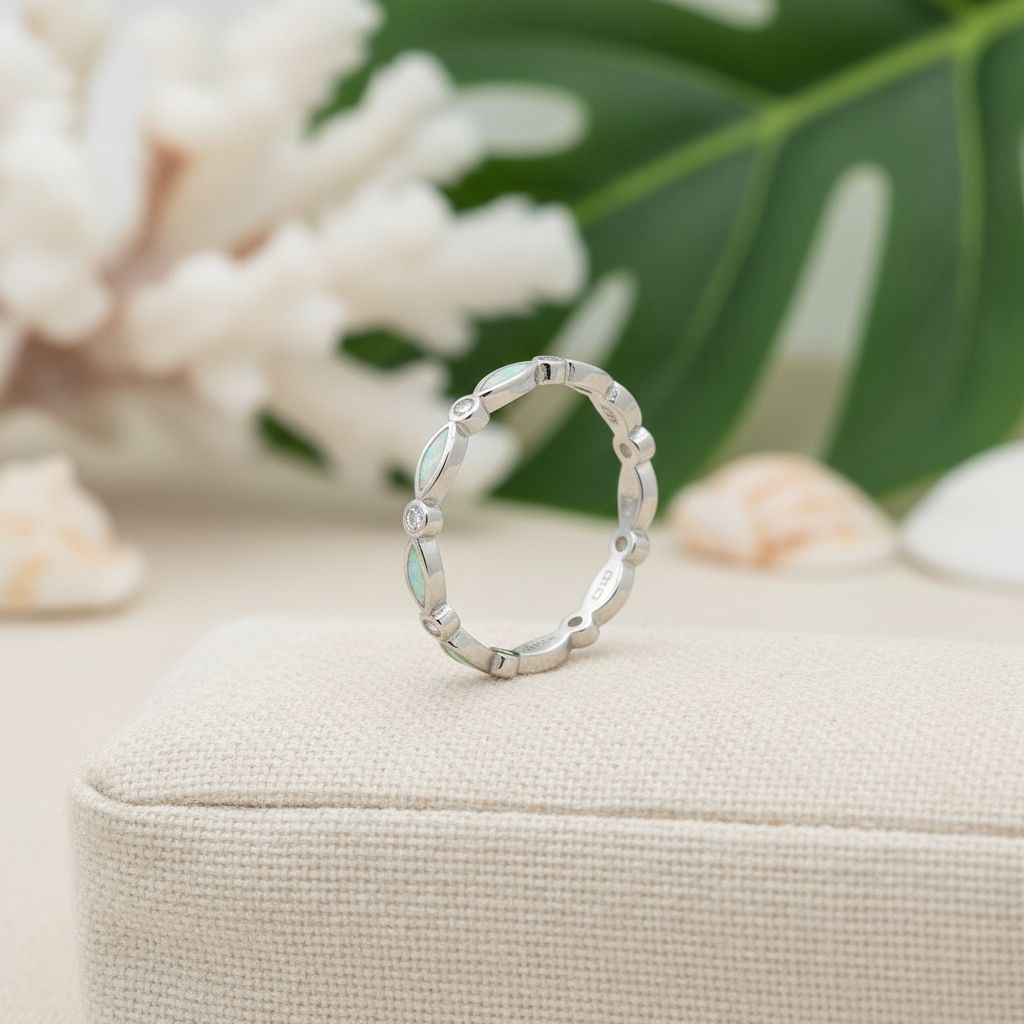 925 Sterling Silver Opal Stone Marquise CZ Eternity Band Ring