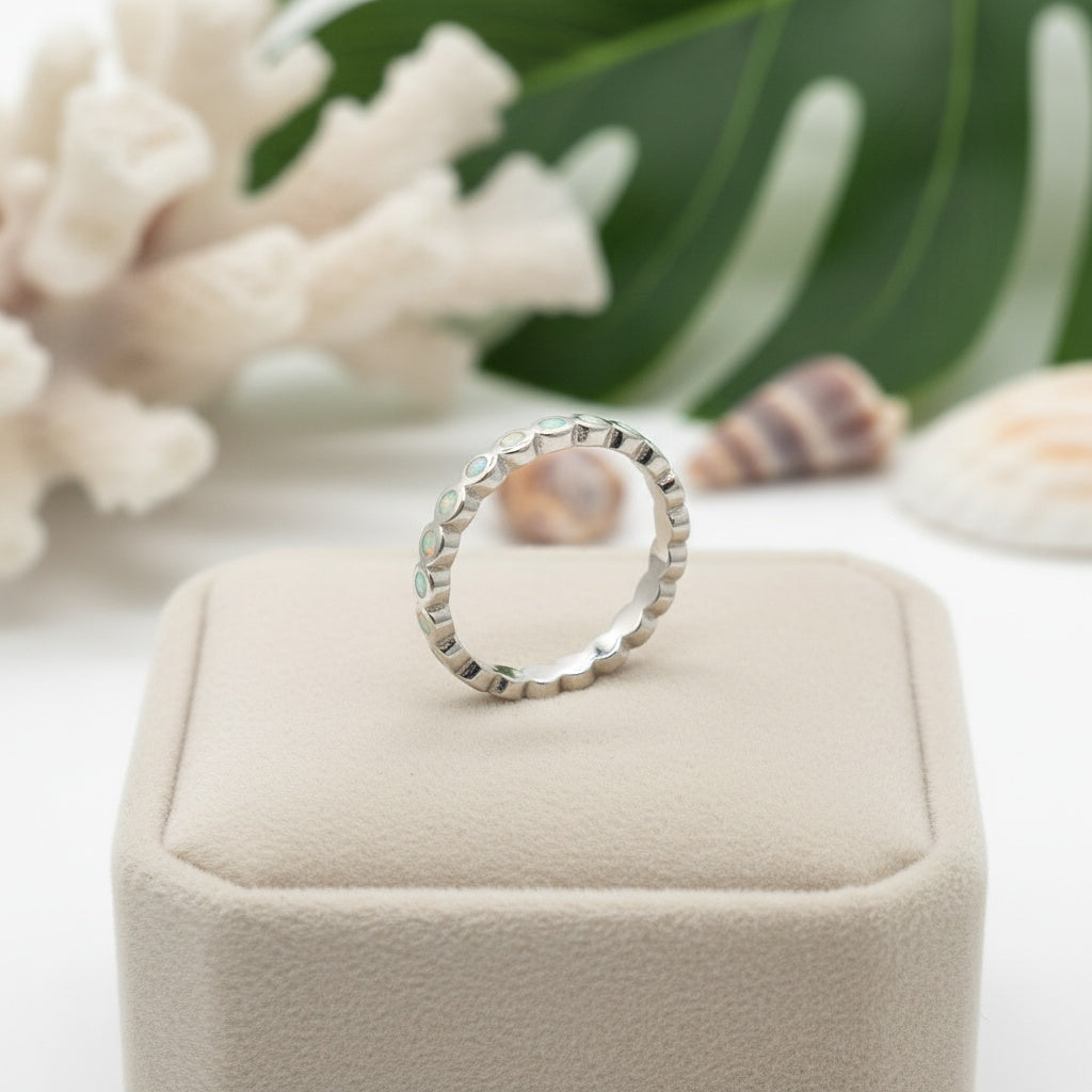 925 Sterling Silver Opal Stone Bezel Eternity Stackable Band Ring