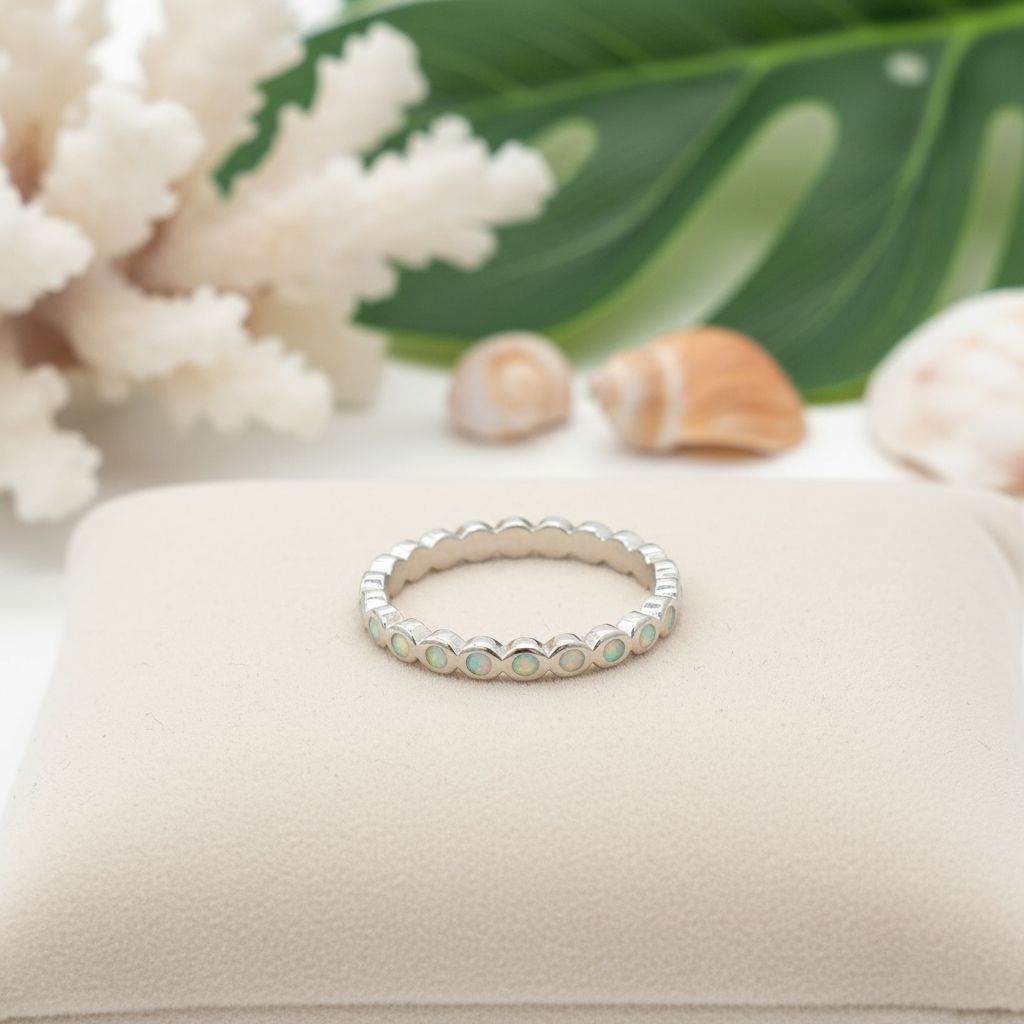 925 Sterling Silver Opal Stone Bezel Eternity Stackable Band Ring