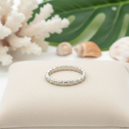 925 Sterling Silver Opal Stone Bezel Eternity Stackable Band Ring