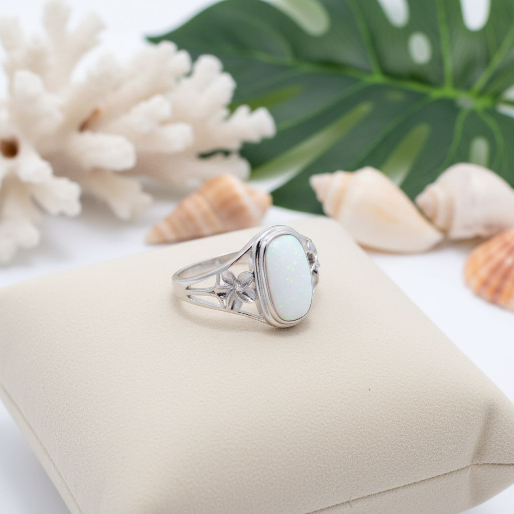 925 Sterling Silver Opal Stone Plumeria Flower Oval Ring