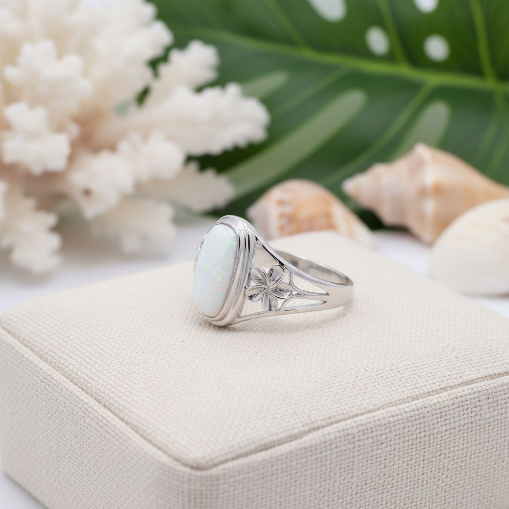 925 Sterling Silver Opal Stone Plumeria Flower Oval Ring