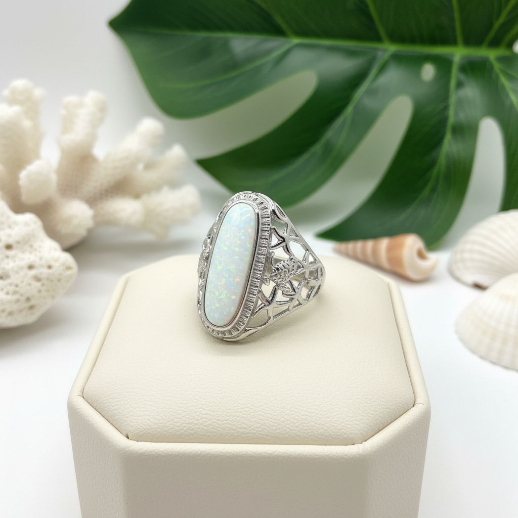 Honu Turtle & Starfish Oval Cabochon Opal Stone Ring - 925 Sterling Silver