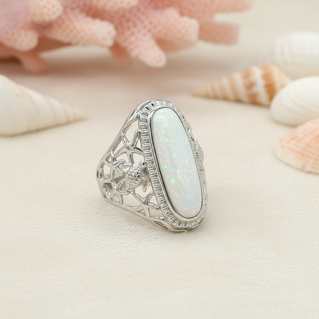 Honu Turtle & Starfish Oval Cabochon Opal Stone Ring - 925 Sterling Silver