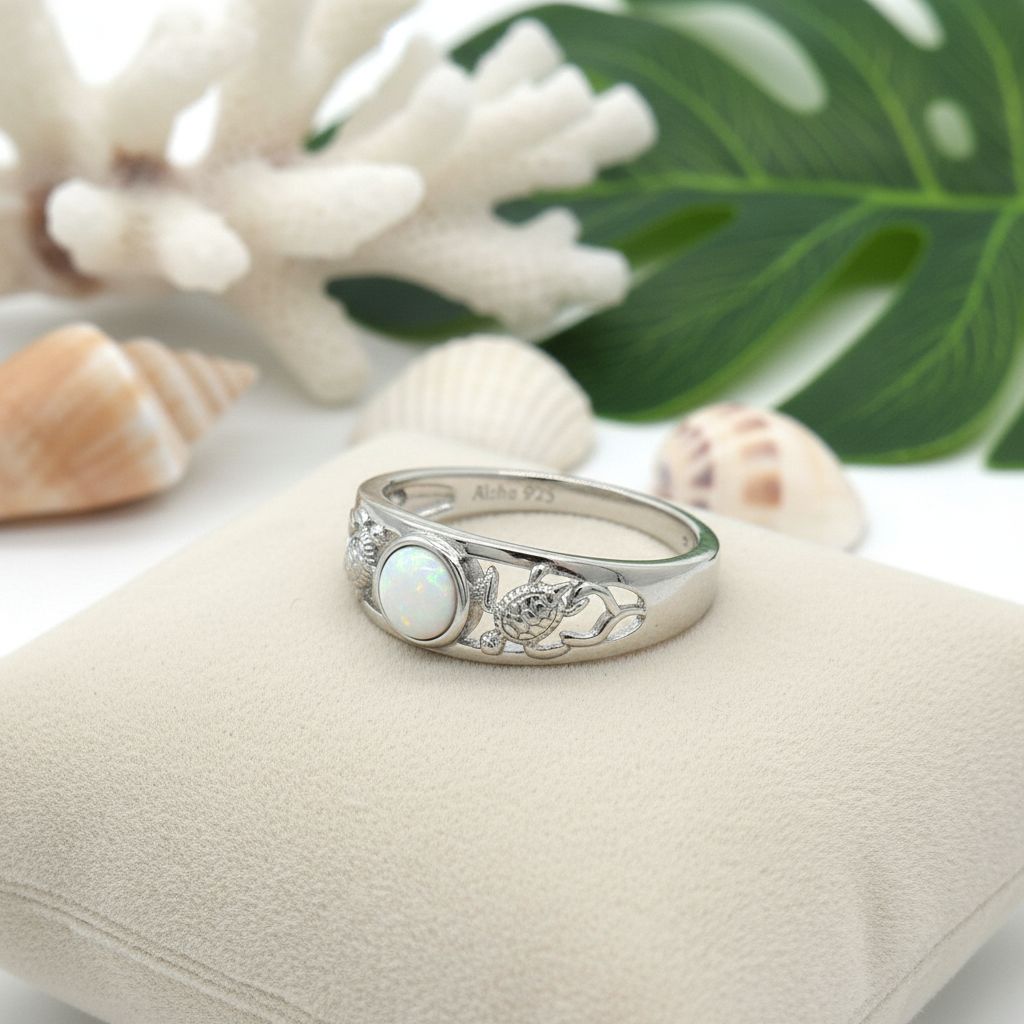 Double Sea Turtle Round Opal Stone Ring - 925 Sterling Silver