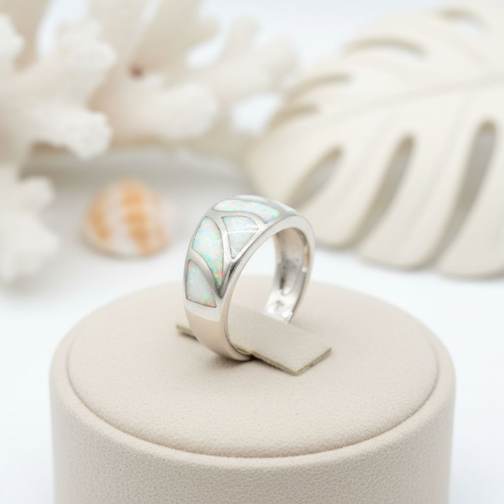 Mosaic Ocean Wave Opal Stone Band Ring - 925 Sterling Silver