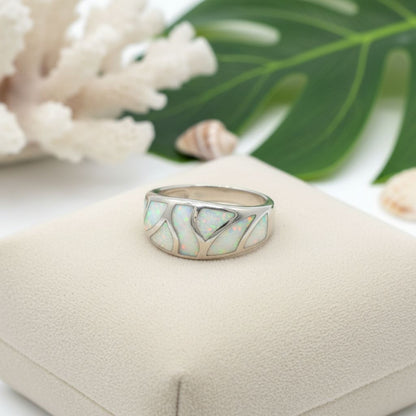 Mosaic Ocean Wave Opal Stone Band Ring - 925 Sterling Silver