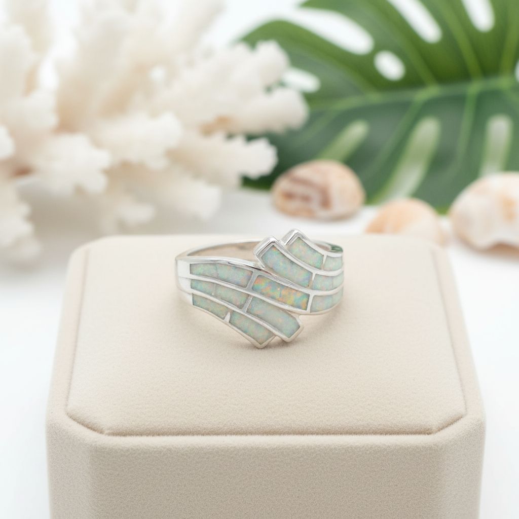 925 Sterling Silver Opal Stone Double Ocean Wave Inlay Band Ring