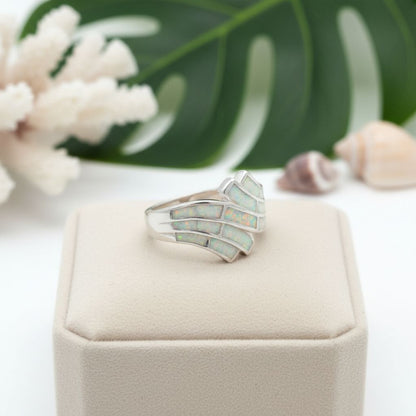 925 Sterling Silver Opal Stone Double Ocean Wave Inlay Band Ring