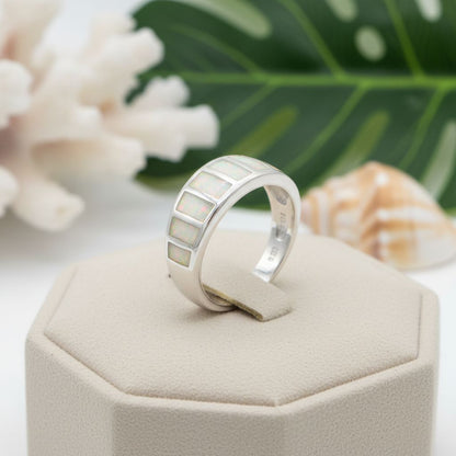 Ocean Mosaic Bar Opal Stone Band Ring - 925 Sterling Silver