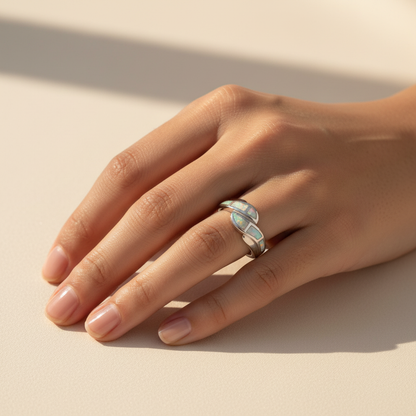 925 Sterling Silver Opal Stone Inlay Curved Ocean Wave Band Ring