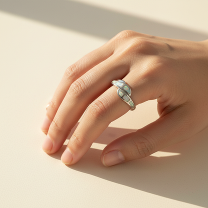 925 Sterling Silver Opal Stone Inlay Curved Ocean Wave Band Ring