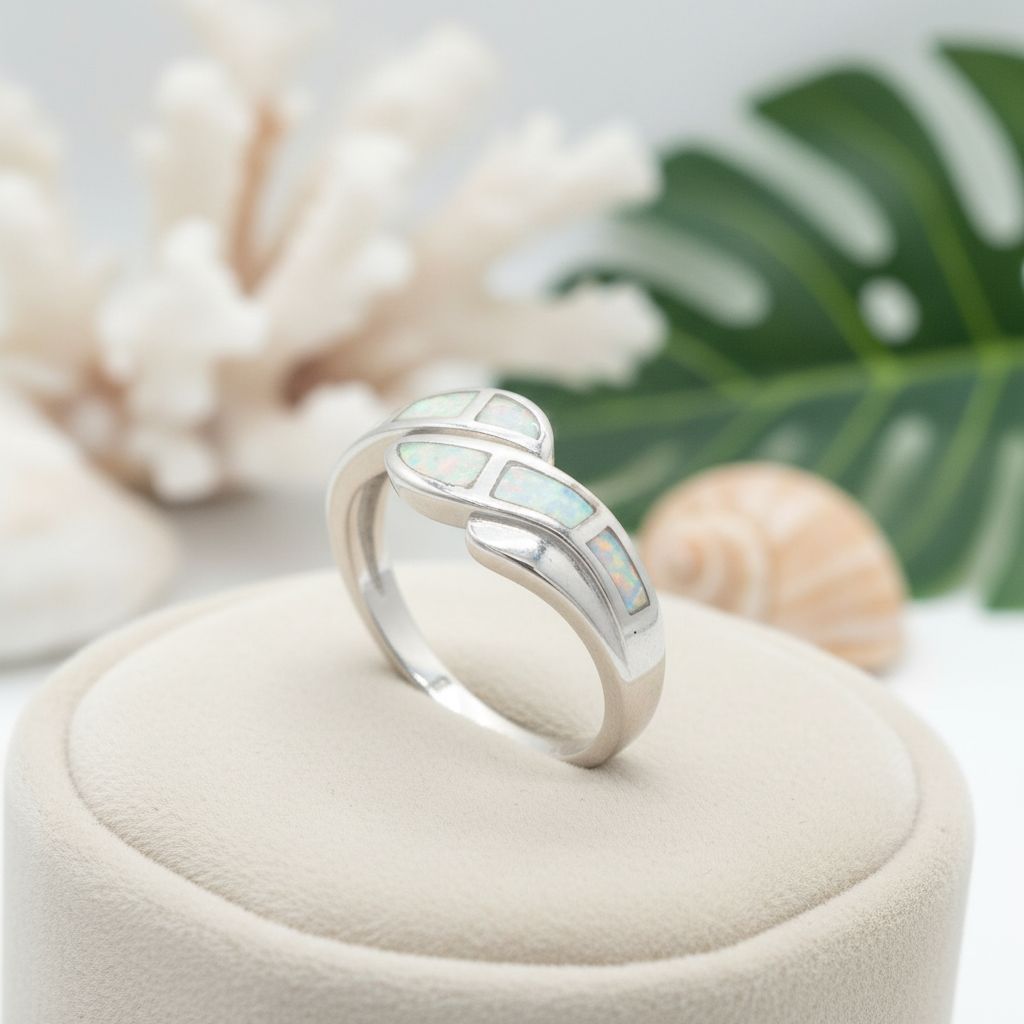 925 Sterling Silver Opal Stone Inlay Curved Ocean Wave Band Ring