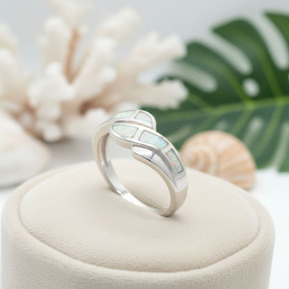 925 Sterling Silver Opal Stone Inlay Curved Ocean Wave Band Ring
