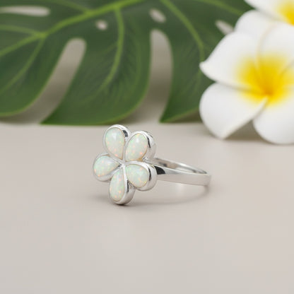 Hawaiian Plumeria Flower Opal Stone Band Ring - 925 Sterling Silver
