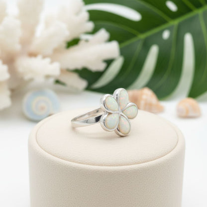Hawaiian Plumeria Flower Opal Stone Band Ring - 925 Sterling Silver