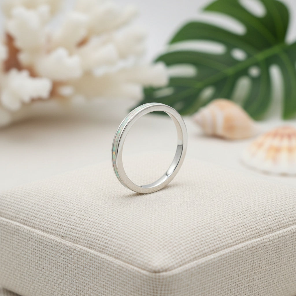 925 Sterling Silver Opal Stone 2mm Wedding Band Stackable Ring