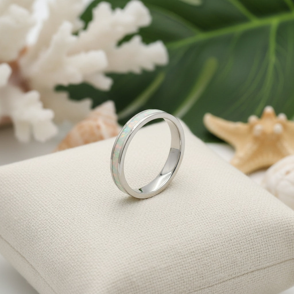925 Sterling Silver Opal Stone 3mm Wedding Band Stackable Ring