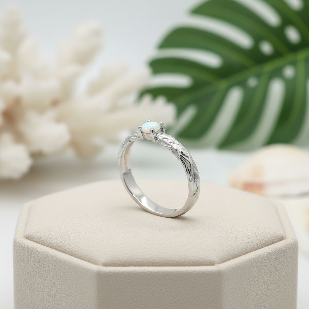 Hawaiian Heirloom Scroll Solitaire Opal Stone Band Ring - 925 Sterling Silver