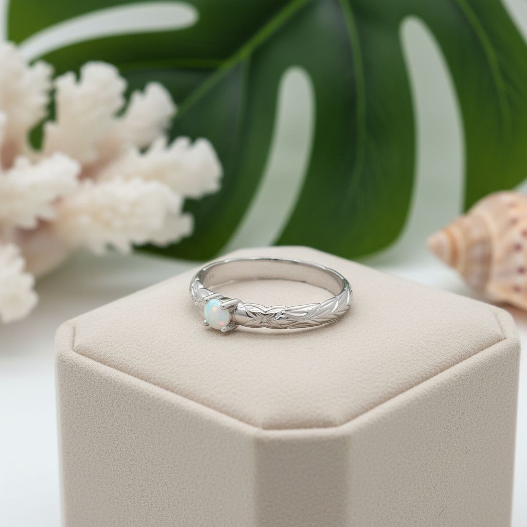 Hawaiian Heirloom Scroll Solitaire Opal Stone Band Ring - 925 Sterling Silver
