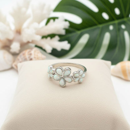 Triple Hawaiian Plumeria Flower Opal Stone Ring - 925 Sterling Silver