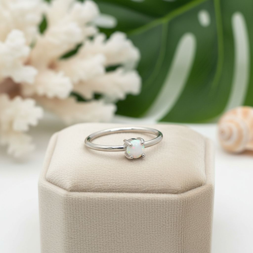 925 Sterling Silver White Opal Stone 5mm Bezel Cabochon Band Ring