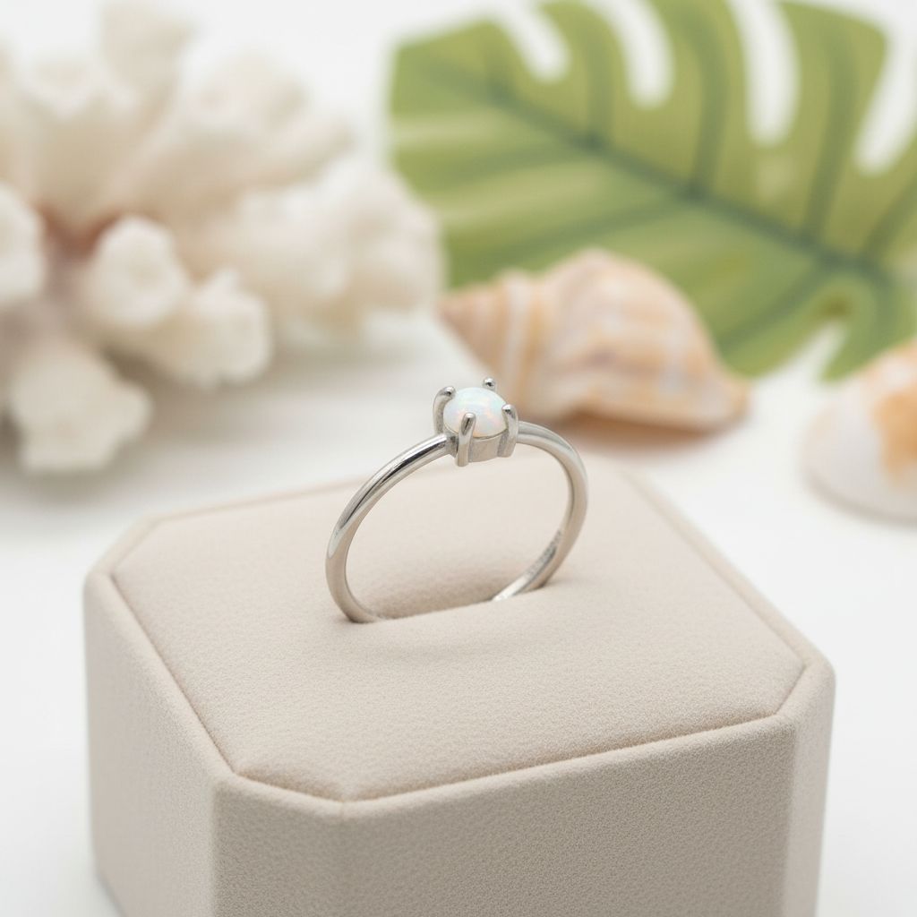 925 Sterling Silver White Opal Stone 5mm Bezel Cabochon Band Ring