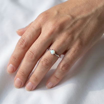 925 Sterling Silver White Opal Stone 5mm Bezel Cabochon Band Ring