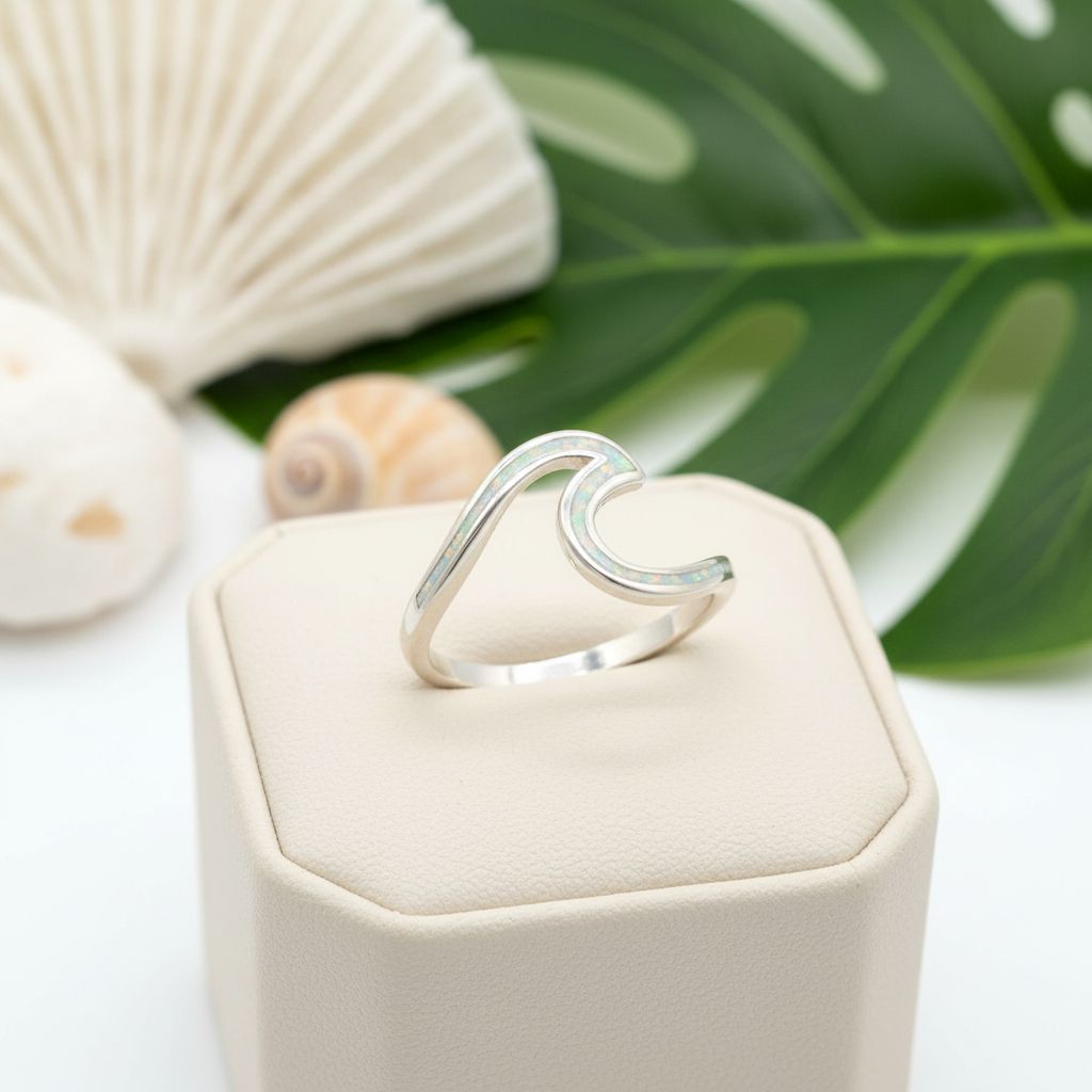 925 Sterling Silver Opal Stone Round Ocean Line Wave Ring