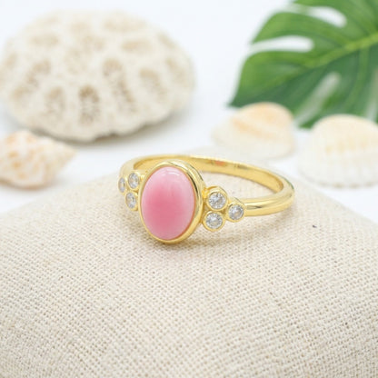 Oval Pink Queen Conch Shell CZ Statement Ring - 925 Sterling Silver