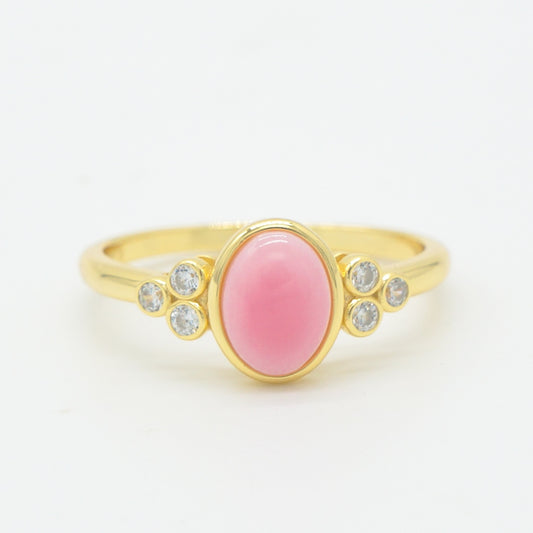 Oval Pink Queen Conch Shell CZ Statement Ring - 925 Sterling Silver