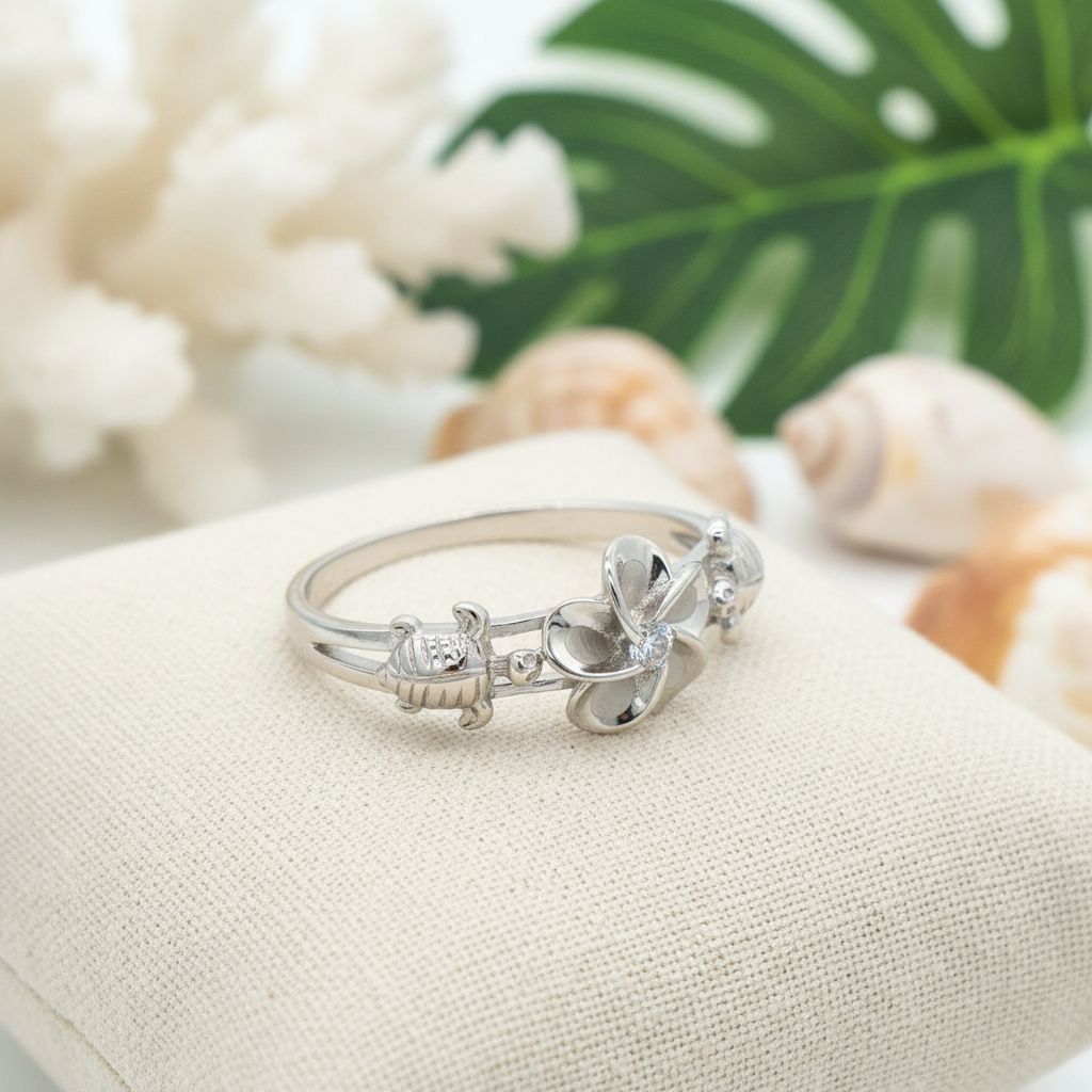 Plumeria Flower and Sea Turtle Band Ring - 925 Sterling Silver