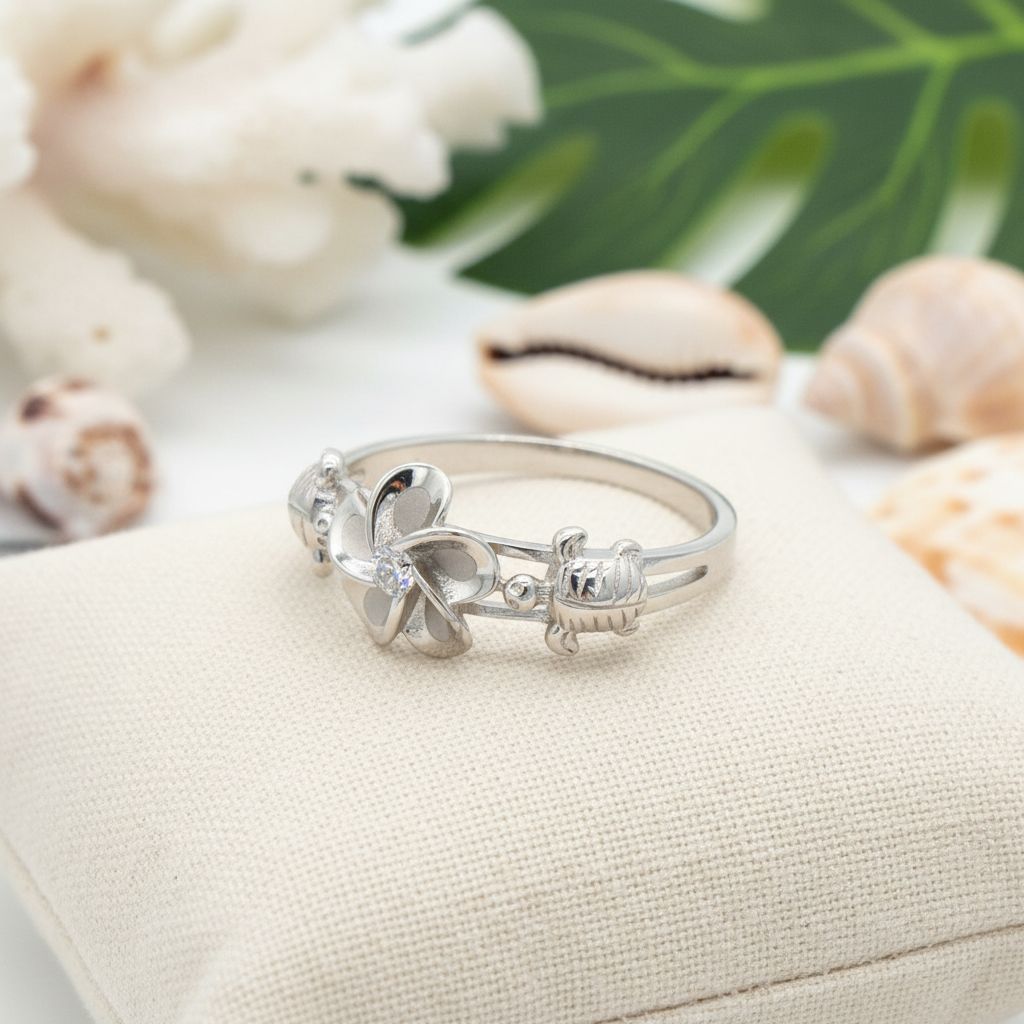 Plumeria Flower and Sea Turtle Band Ring - 925 Sterling Silver