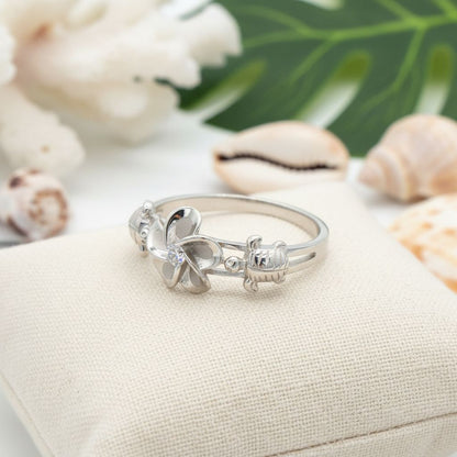 Plumeria Flower and Sea Turtle Band Ring - 925 Sterling Silver