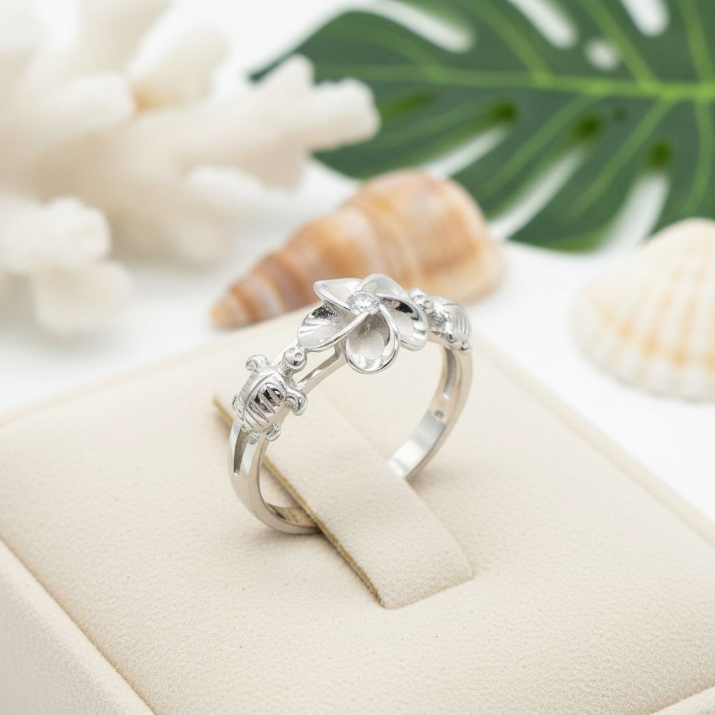 Plumeria Flower and Sea Turtle Band Ring - 925 Sterling Silver