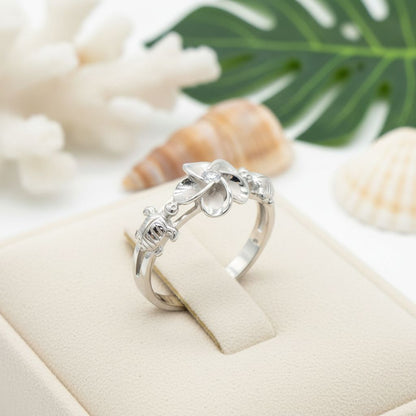 Plumeria Flower and Sea Turtle Band Ring - 925 Sterling Silver