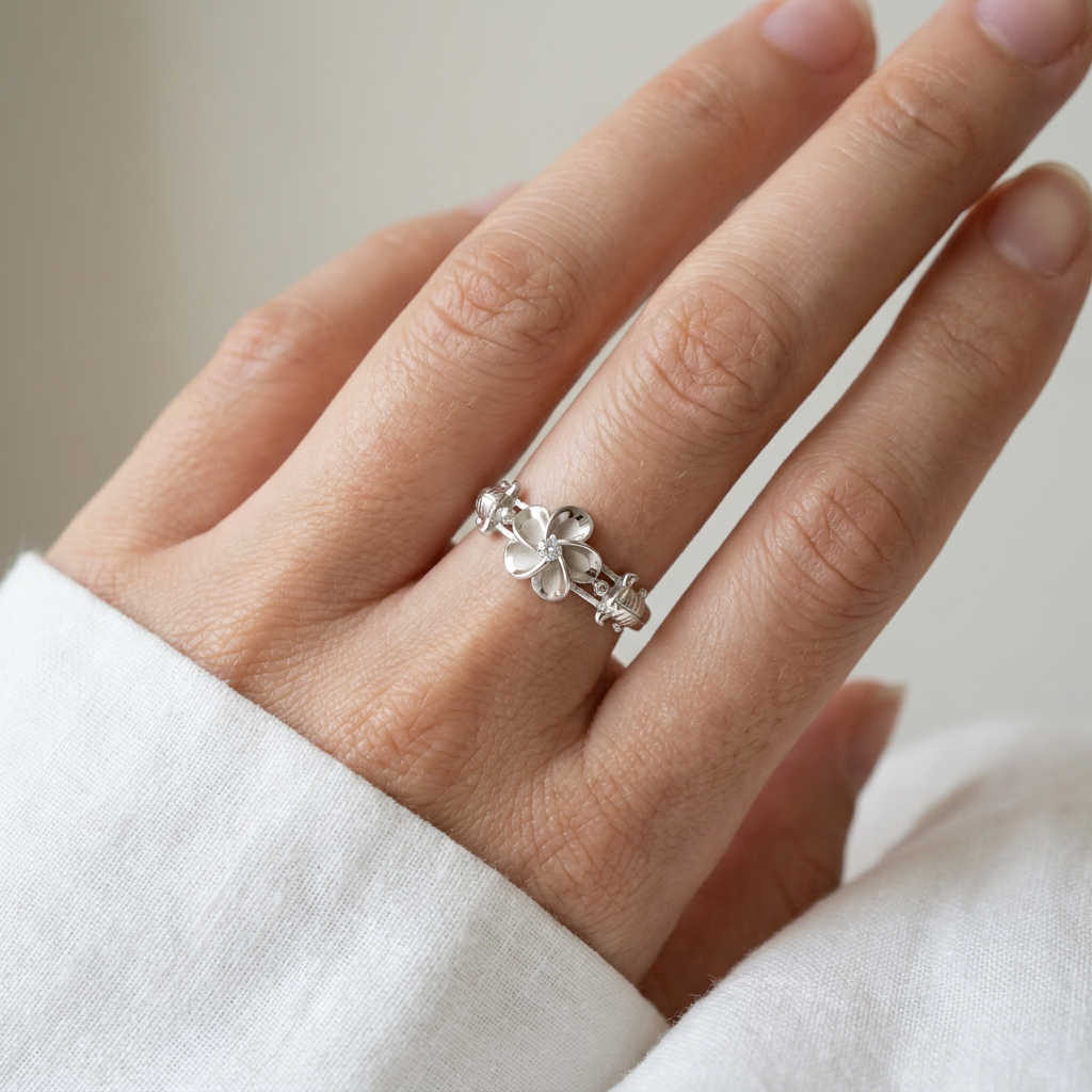 Plumeria Flower and Sea Turtle Band Ring - 925 Sterling Silver